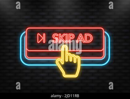 Neon Icon. Skip ad red button on white background. Hand mouse. Flat 3D button. Vector illustration Stock Vector
