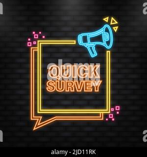 Neon Icon. Megaphone blue banner with quick survey sign. Vector illustration. Stock Vector