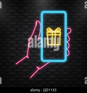 Neon Icon. Hand holds phone with prizes box on screen. Vector illustration. Discount coupon icon and prizes box on smartphone Stock Vector