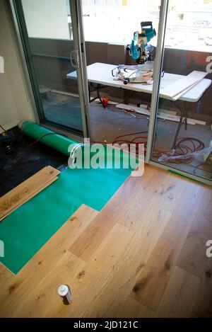 Installation of a Hardwood Floor Stock Photo