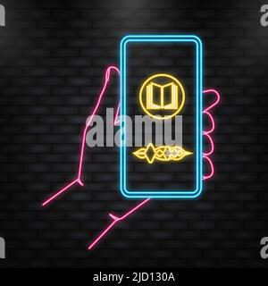 Neon Icon. Hand holds phone with record podcast on screen on yellow background. Vector illustration Stock Vector