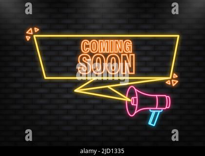 Neon Icon. Coming soon megaphone yellow banner in 3D style on white background. Vector illustration Stock Vector