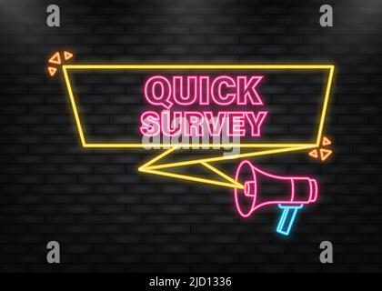 Neon Icon. Megaphone blue banner with quick survey sign. Vector illustration. Stock Vector