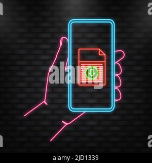 Neon Icon. Smartphone with downloaded file in cartoon style. Smartphone screen. Phone icon vector. Flat vector cartoon illustration Stock Vector