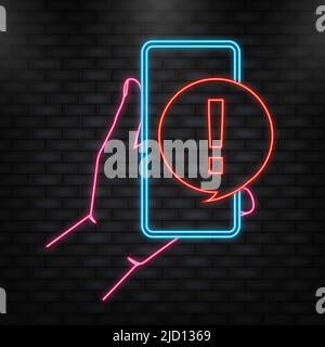 Neon Icon. Hand holds phone with danger sign on screen on red background. Vector illustration Stock Vector