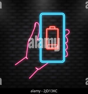 Neon Icon. Discharged charged battery smartphone - vector infographic. Isolated on red background Stock Vector