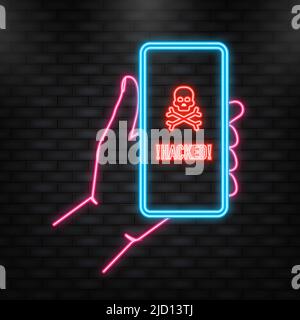 Neon Icon. Hacked, great design for any purposes. Internet technology. Cyber crime, hacker attack. Phishing scam. Stock Vector