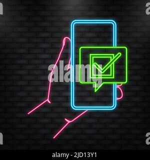 Neon Icon. Hand holds phone with check mark on screen on green background. Vector illustration Stock Vector