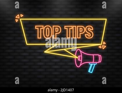 Neon Icon. Quick tips megaphone yellow banner in 3D style on white ...