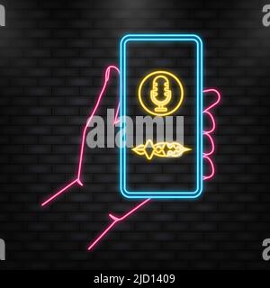 Neon Icon. Hand holds phone with record podcast on screen on yellow background. Vector illustration. Stock Vector