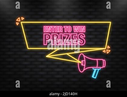 Neon Icon. Enter to win prizes megaphone yellow banner in 3D style on white background. Vector illustration Stock Vector