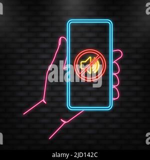Neon Icon. Hand holds phone with no sound sign on screen on darck background. Vector illustration Stock Vector