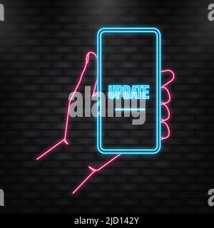 Neon Icon. Data update or synchronize with bar process. Update on laptop and smartphone Stock Vector
