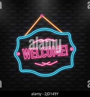 Neon Icon. Welcome business sign on door. Vector illustration Stock Vector