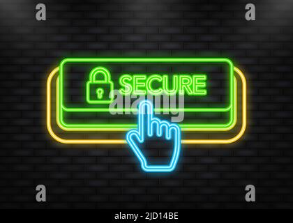 Neon Icon. Secure green 3D button on white background. Vector illustration Stock Vector