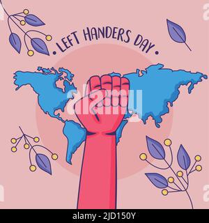 left handers day lettering postcard with fist Stock Vector