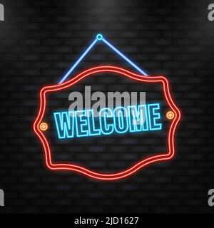 Neon Icon. Welcome business sign on door. Vector illustration Stock Vector