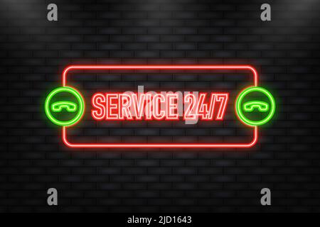 Neon Icon. Service 24 7 banner in flat style on white background. Vector illustration Stock Vector