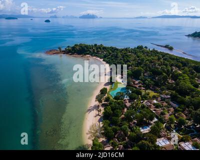 Aerial view of Naka Island near Phuket Thailand, a tropical Island in Thailand. White tropical beach in Thailand Stock Photo