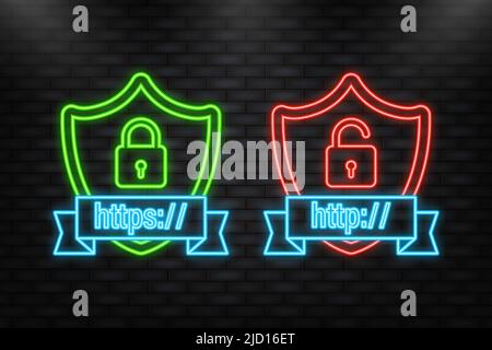 Neon Icon. http and https protocols on shield. Stock Vector