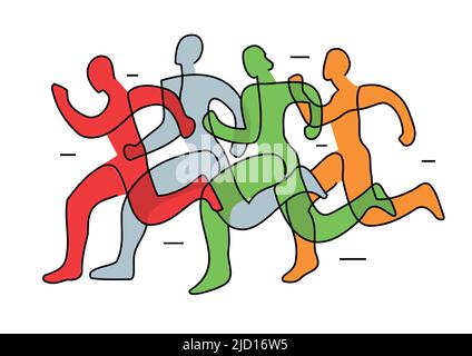 Running race, jogging, line art stylized. Illustration of group of running racers. Continuous line drawing design. Isolated on white background. Stock Vector
