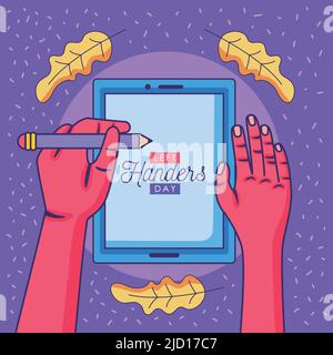 left handers day lettering poster with writer Stock Vector