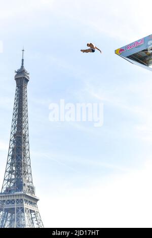 Paris, France. 16th June, 2022. For the first time, the Red Bull Cliff Diving World Series will stop in Paris, opposite the Eiffel Tower on June 18, 2022. The legend in this discipline, Gary Hunt, will dive at home in front of his public. Twelve men and 12 women will line up to compete from the 27m and 21m platforms. These include the 16 permanent athletes who will appear at every stop this season, along with eight wildcard divers. Training was done on June 16, 2022, at Passerelle Debily, in Paris, France. Photo by Jana Call me J/ABACAPRESS.COM Credit: Abaca Press/Alamy Live News Stock Photo