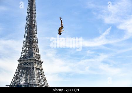 Paris, France. 16th June, 2022. For the first time, the Red Bull Cliff Diving World Series will stop in Paris, opposite the Eiffel Tower on June 18, 2022. The legend in this discipline, Gary Hunt, will dive at home in front of his public. Twelve men and 12 women will line up to compete from the 27m and 21m platforms. These include the 16 permanent athletes who will appear at every stop this season, along with eight wildcard divers. Training was done on June 16, 2022, at Passerelle Debily, in Paris, France. Photo by Jana Call me J/ABACAPRESS.COM Credit: Abaca Press/Alamy Live News Stock Photo
