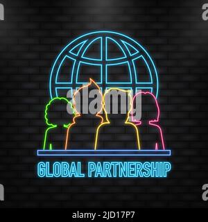 Flat style global partnership. Global social network. Neon icon. Digital technology Stock Vector