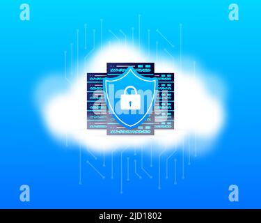 Data base, cloud. Network servers computer hardware technology decorative elements. Vector illustration Stock Vector