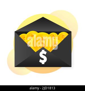 Envelope with coins in cartoon style on red background. Red background Stock Vector