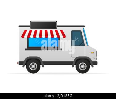 Vintage flat set with truck, kiosk icon. Courier service delivery. Ice cream van Stock Vector