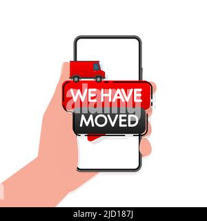 Hand with smarphone we have moved thin line bubble. concept of locator land mark like ecommerce delivery or transfer label Stock Vector