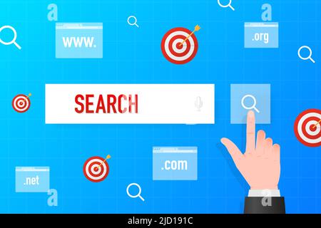 Icon with blue search button on white background for web marketing design. Flat deign. Social media element. Vector illustration Stock Vector