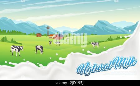 Rural landscape splash milk poster with liquid milky drops editable text and outdoor scenery with cows vector illustration Stock Vector