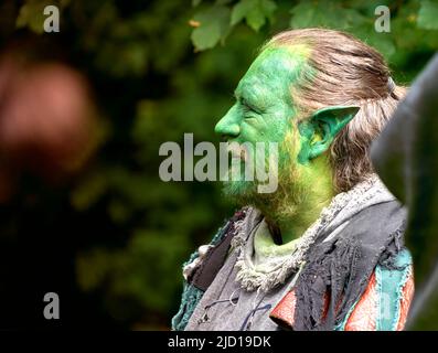 Pattensen, Germany, June 4, 2022: Portrait of a middle-aged man attending a public fantasy festival dressed as an elf with green colored skin and poin Stock Photo