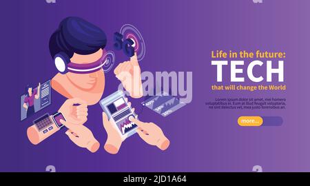 Isometric technologies future horizontal banner with slider button text and images of wearable electronic devices vector illustration Stock Vector
