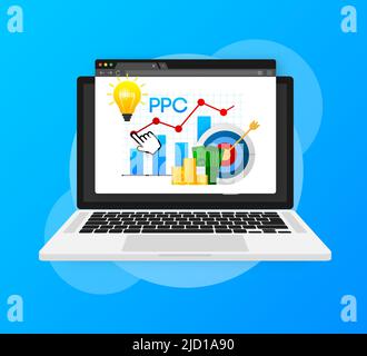 Cartoon illustration on blue backdrop. Abstract ppc for marketing advertising design. Isometric illustration Stock Vector