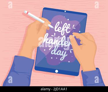 left handers day lettering card with hands writing Stock Vector