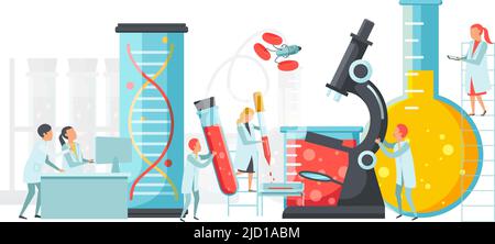 Future technology flat composition with human characters of young scientists surrounded by pieces of laboratory equipment vector illustration Stock Vector