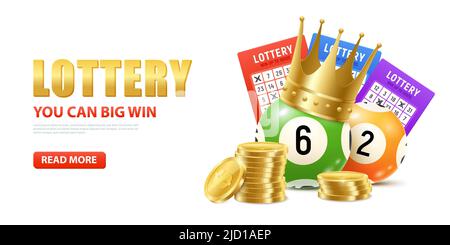 Realistic lottery composition with editable text read more button and images of golden coins and lotto balls vector illustration Stock Vector
