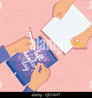 left handers day lettering template with hands writing Stock Vector