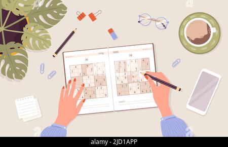 Sudoku game. Learning and leisure concept. Woman solves crossword puzzle. Top view workplace. Task for development of logical thinking and training Stock Vector