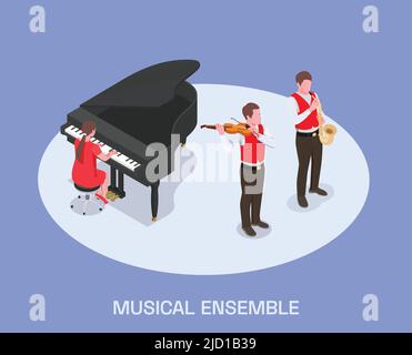 Creative people professions artist isometric composition with text and group of people performing music on instruments vector illustration Stock Vector
