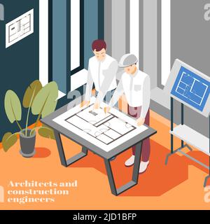 Architectural engineers office work isometric composition with building construction planning sketching technical drawing blueprint background vector Stock Vector