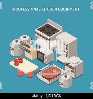 Professional kitchen appliances isometric image with commercial range microwave oven  toaster breakfast equipment chef knives vector illustration Stock Vector