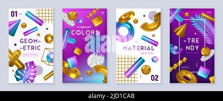 Geometric shapes vibrant colors trendy decorative objects 4 realistic banners set with foil leaves feathers vector illustration Stock Vector