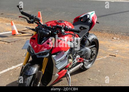 2020 model red Ducati streetfighter FA motorbike parked in Sydney,NSW,Australia Stock Photo