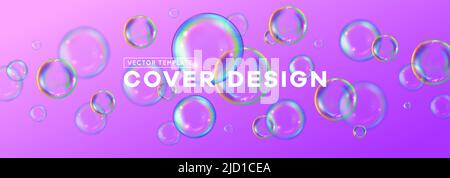 Soap bubbles realistic cover design on pink background horizontal vector illustration Stock Vector