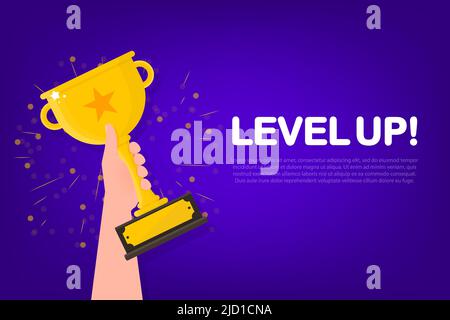 Level up icon. Golden star with text and glowing effects. Banner vector. Level up game Stock Vector